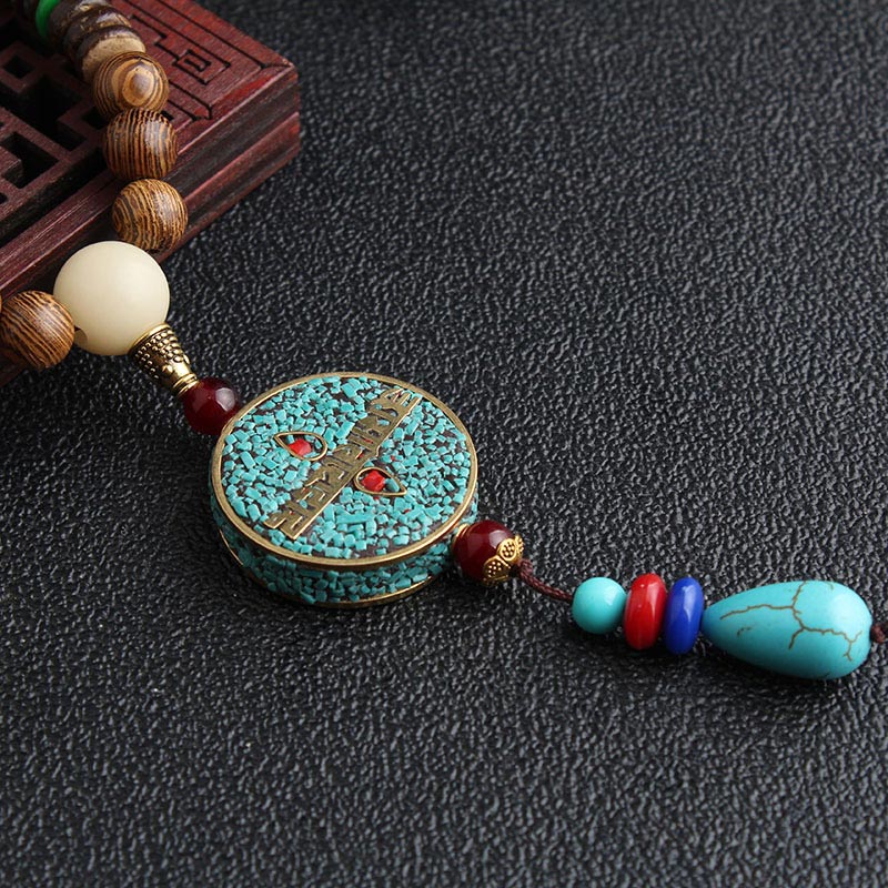 Buddha Stones Turquoise Dzi Bead Prayer Wheel Wenge Wood Meditation Necklace