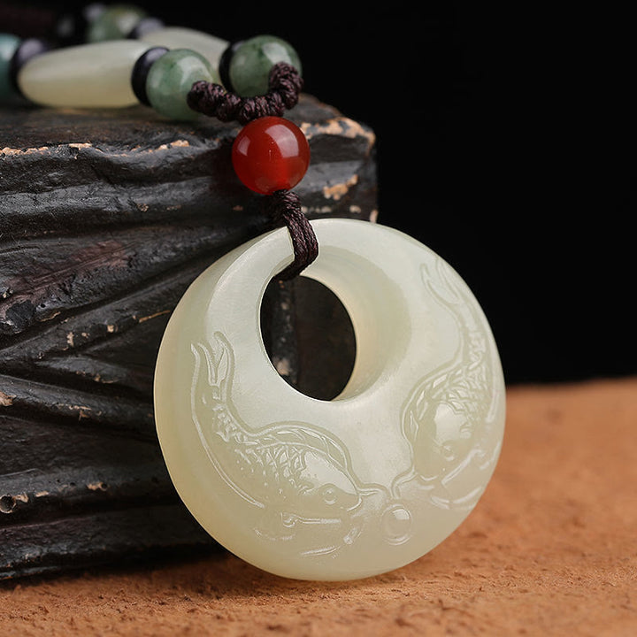 Buddha Stones White Jade Double Koi Fish Carved Prosperity Success Necklace Pendant