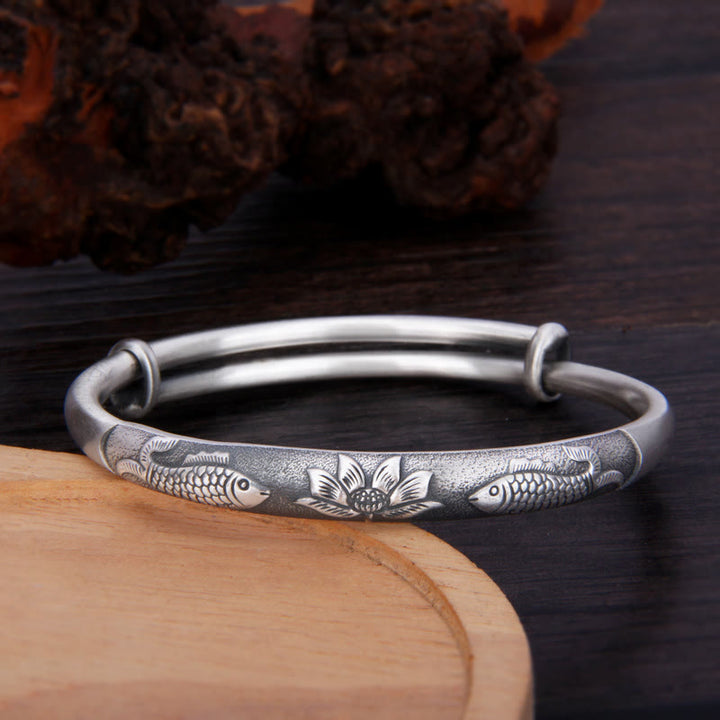 Buddha Stones 999 Sterling Silver Koi Fish Lotus Wealth Luck Bracelet Bangle