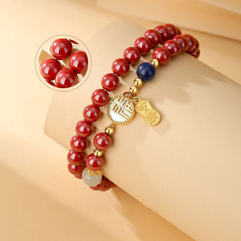 Buddha Stones 925 Sterling Silver Cinnabar Tridacna Stone Fu Character Double Wrap Blessing Bracelet