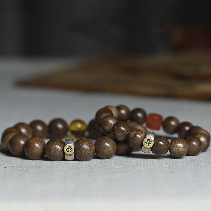 Buddha Stones Chinese Zodiac Natal Buddha Kalimantan Agarwood Red Agate Amber 925 Sterling Silver Bracelet