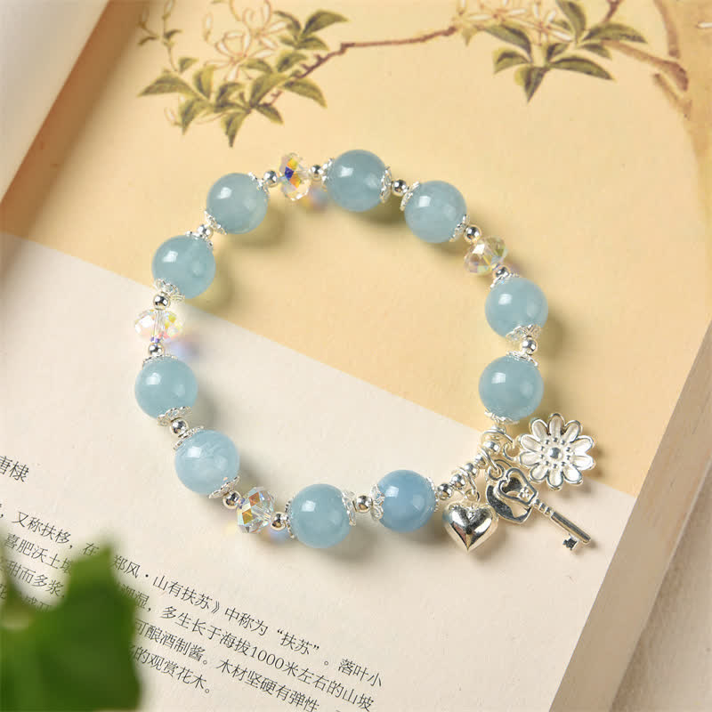 925 Sterling Silver Natural Aquamarine Serenity Flower Love Key Charm Bracelet