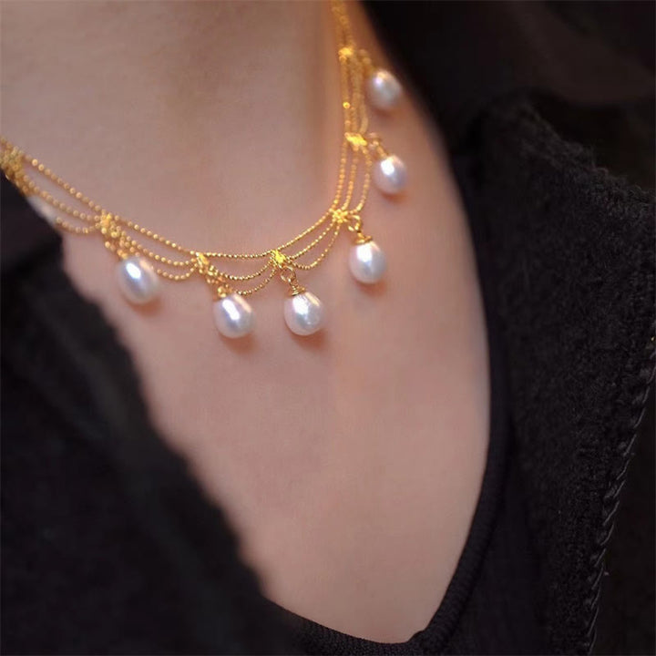 Vintage 14K Gold Plated Pearl Bead Healing Multilayer Necklace Pendant