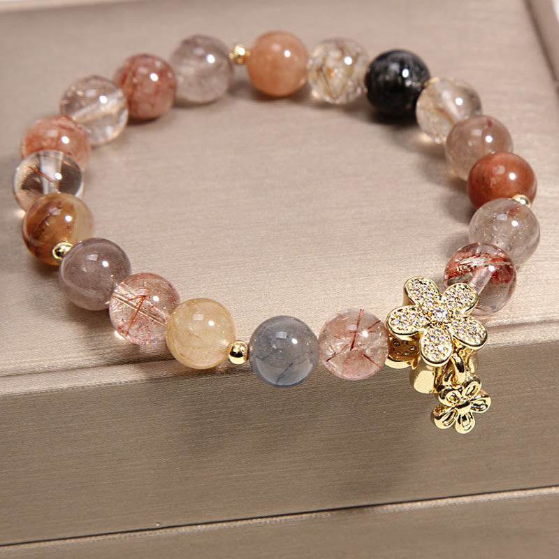 Multicolored Rutilated Quartz Citrine Wealth Protection Flower Bracelet