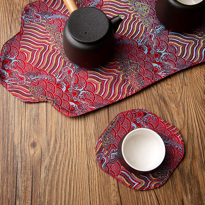 Buddha Stones Sea Wave Bamboo Plum Blossom Brocade Embroidery Cup Mat Pad Tea Cup Coaster Kung Fu Tea Mat