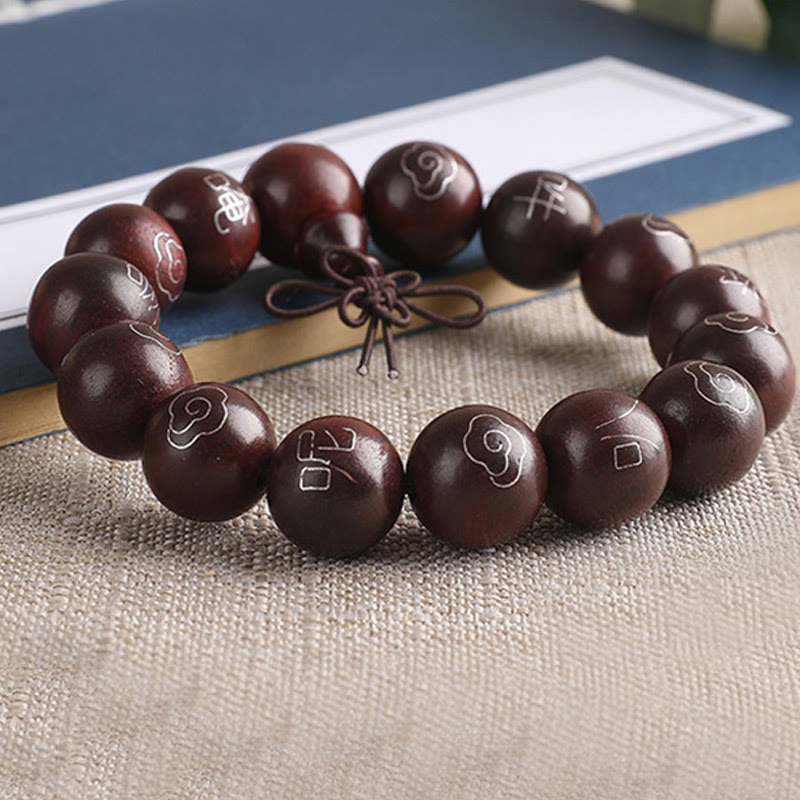 Buddha Stones 925 Sterling Silver Inlaid Small Leaf Red Sandalwood Om Mani Padme Hum Character Auspicious Clouds Protection Bracelet