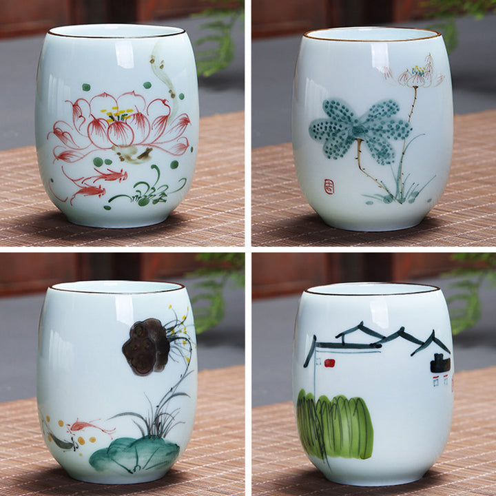 Buddha Stones Koi Fish Lotus Landscape Dandelion Peony Flower Ceramic Teacup Kung Fu Tea Cup