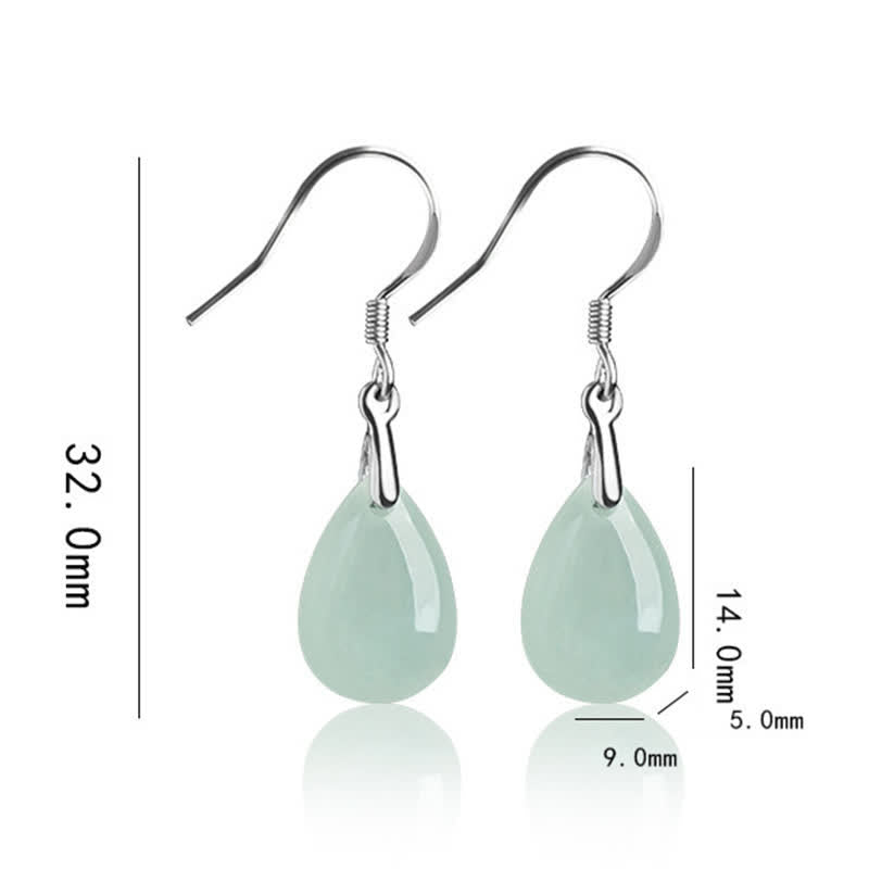 Buddha Stones 925 Sterling Silver Jade Water Drop Pattern Luck Prosperity Dangle Earrings