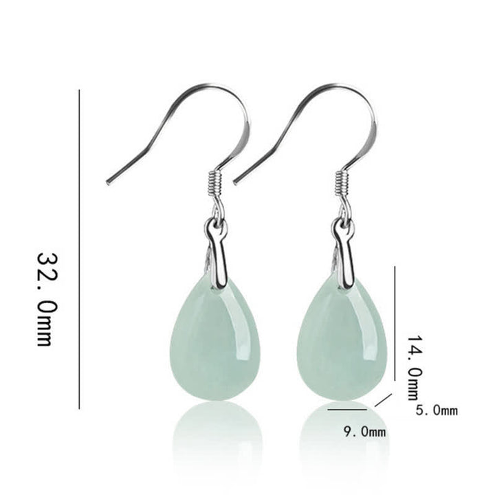 Buddha Stones 925 Sterling Silver Jade Water Drop Pattern Luck Prosperity Dangle Earrings