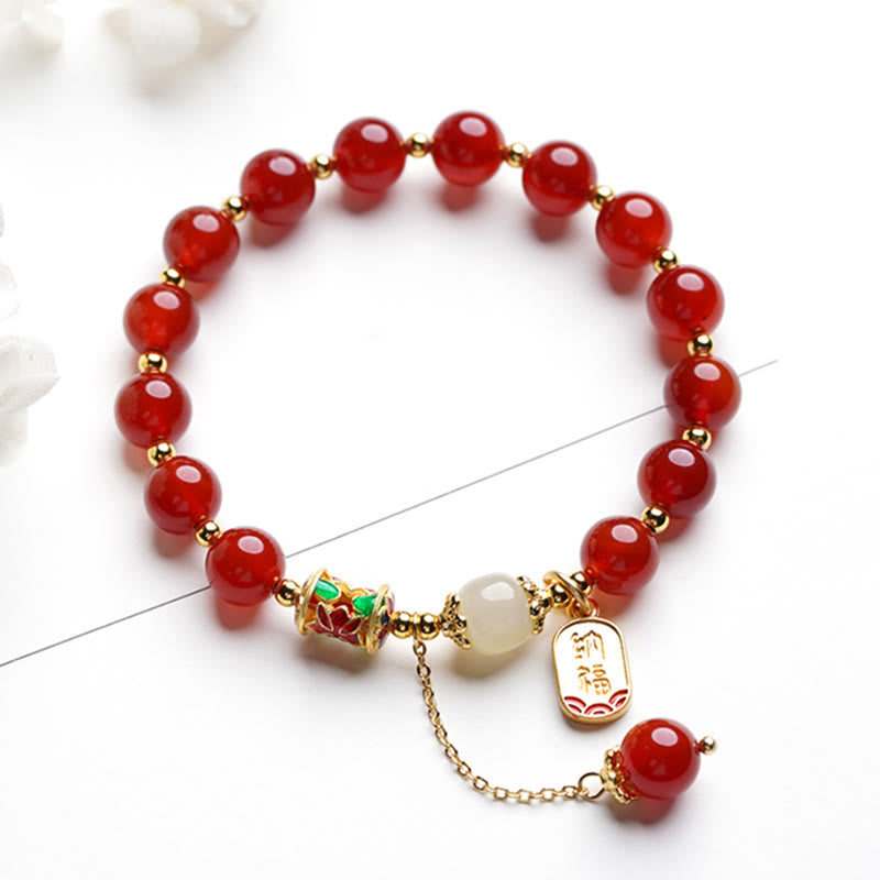 Buddha Stones Natural Red Agate Hetian Jade Fu Character Confidence Charm Bracelet