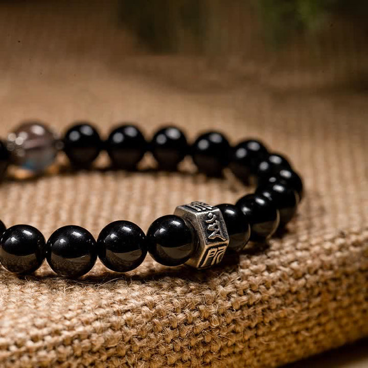 Chinese Zodiac Natal Buddha 925 Sterling Silver Black Obsidian Moonstone Strength Bracelet