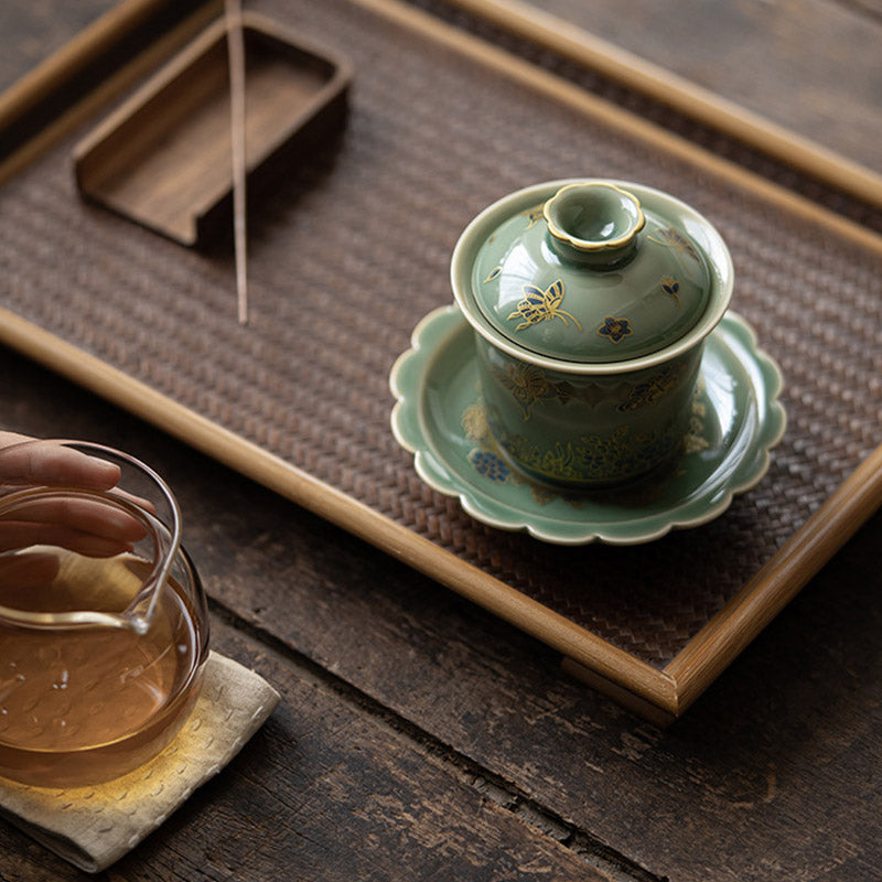 Buddha Stones Green Porcelain Butterfly Flower Salmon Fish Ceramic Gaiwan Sancai Teacup Kung Fu Tea Cup And Saucer With Lid