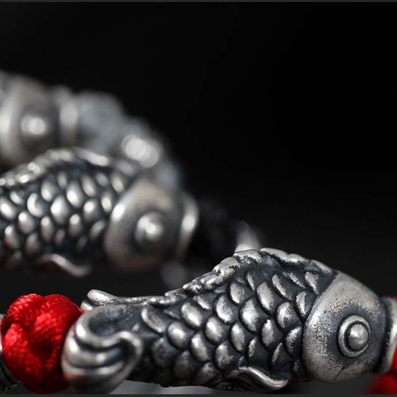 Buddha Stones Silver Luck Koi Fish Braided String Bracelet