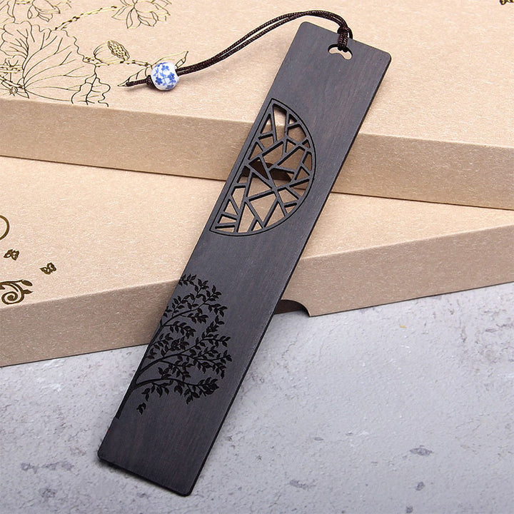 Buddha Stones The Tree of Life Ebony Wood Small Leaf Red Sandalwood Bookmarks With Gift Box