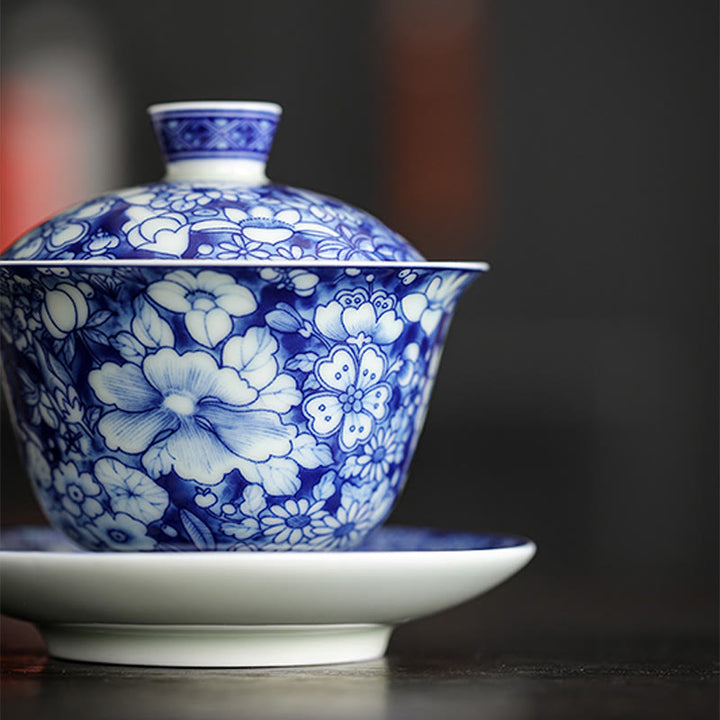Buddha Stones Vintage Blue And White Porcelain Ceramic Gaiwan Sancai Teacup Kung Fu Tea Cup And Saucer With Lid