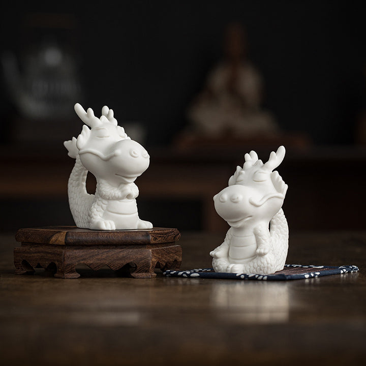 Buddha Stones Year Of The Dragon Luck White Porcelain Ceramic Tea Pet Home Figurine Decoration