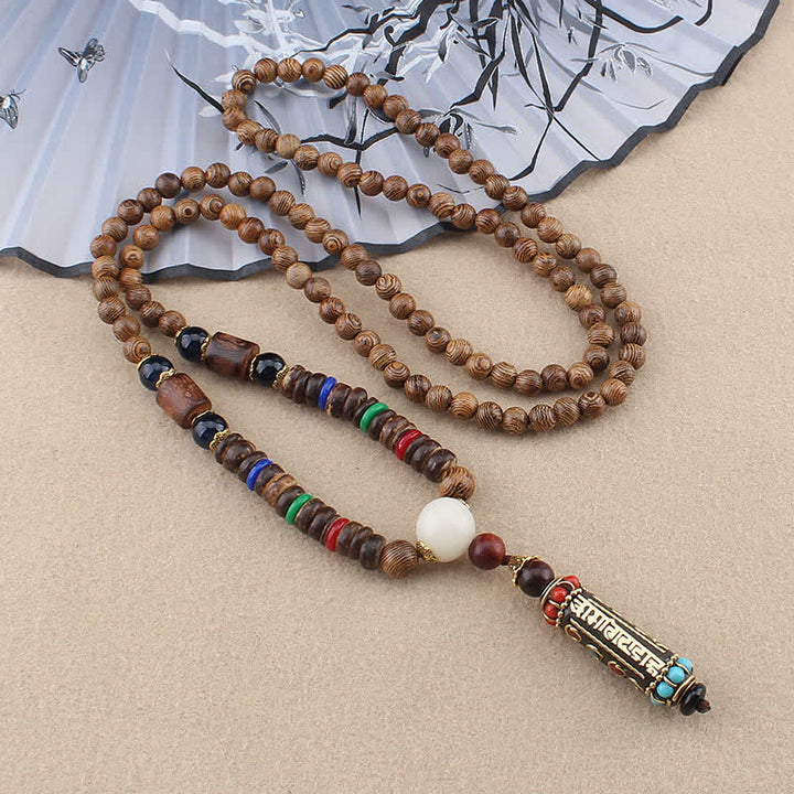 Buddha Stones Tibetan Om Mani Padme Hum Dzi Bead Wenge Wood Necklace Pendant