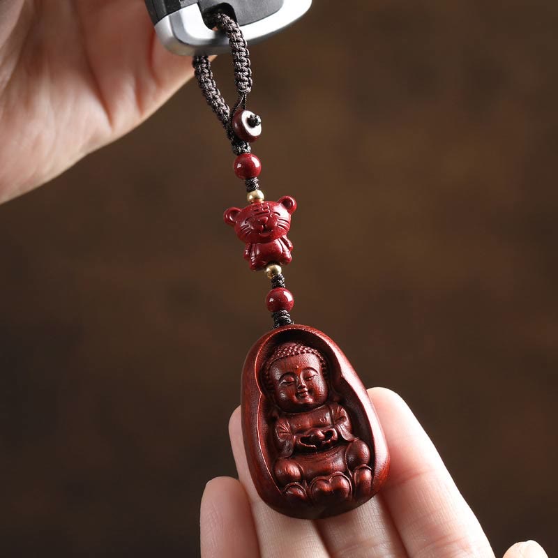 Buddha Stones Small Leaf Red Sandalwood Buddha Cinnabar Chinese Zodiac Amulet Protection Key Chain