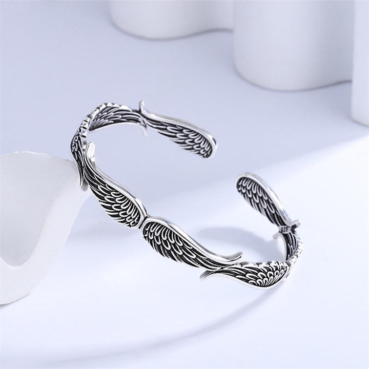 Buddha Stones Angel Wings Feather Pattern Carved Luck Cuff Bracelet Bangle