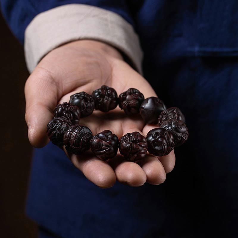 Buddha Stones Chinese Zodiac Engraved Small Leaf Red Sandalwood Protection Bracelet