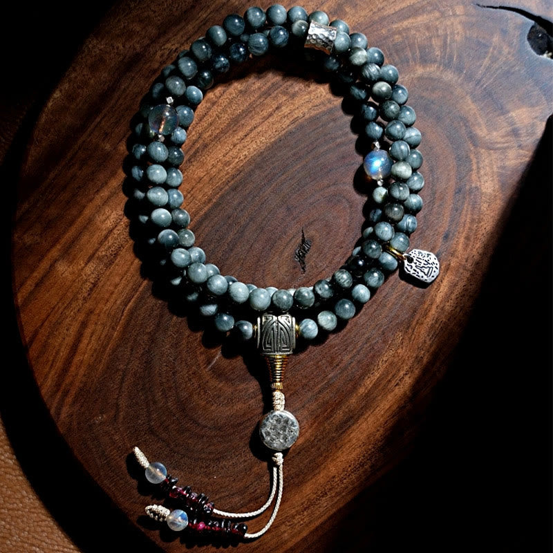 Buddha Stones 925 Sterling Silver 108 Mala Beads Eagle's Eye Stone Moonstone Positive Bracelet