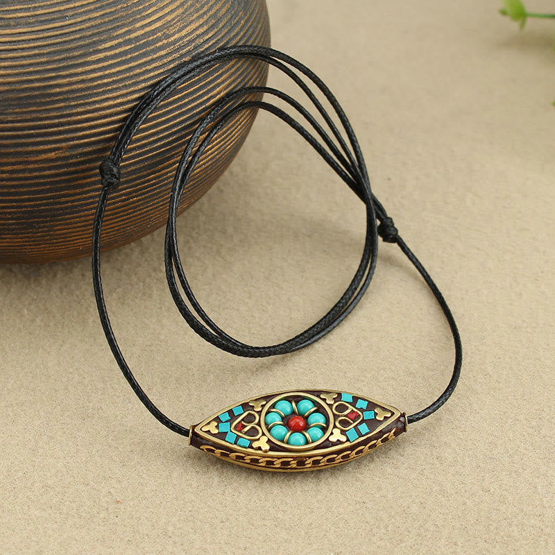 Buddha Stones Tibet Turquoise Bead Marquise Pattern Protection Strength Necklace Pendant