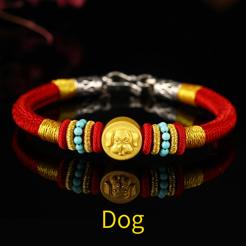 Buddha Stones 999 Gold Chinese Zodiac Om Mani Padme Hum King Kong Knot Protection Handcrafted Bracelet