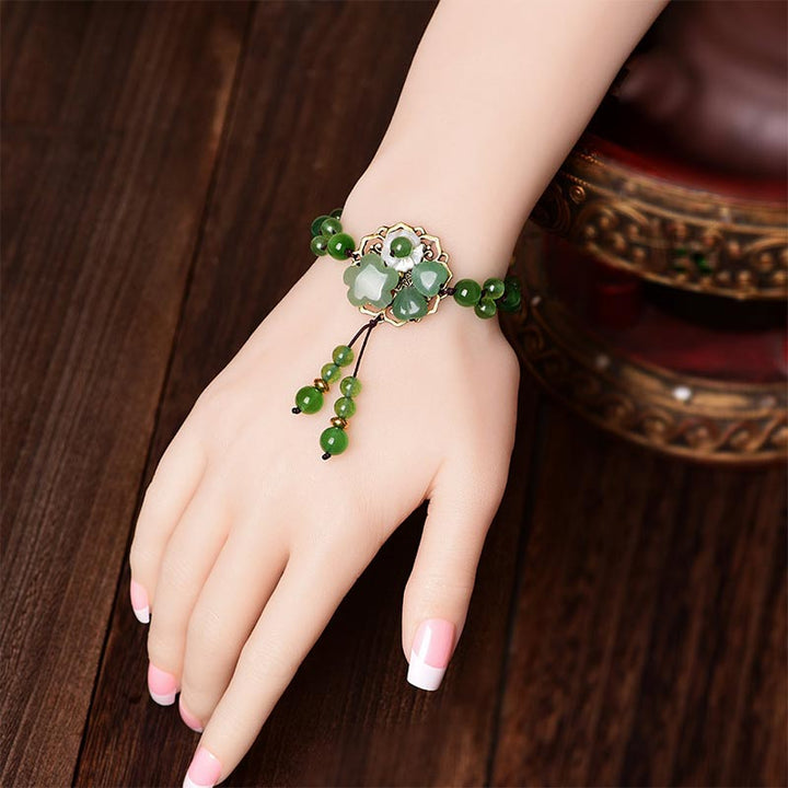 Buddha Stones Natural Green Jade Luck Dangling Flower Bracelet