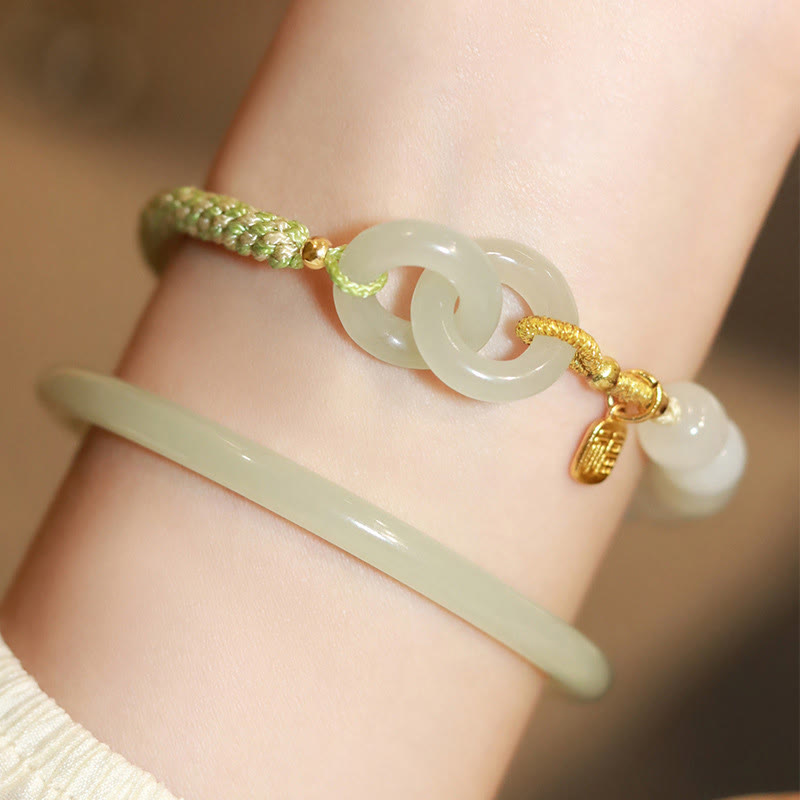 Buddha Stones Natural Hetian Jade Bead Double Peace Buckle Fu Character Abundance Braided Bracelet