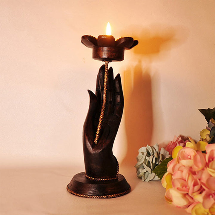 Buddha Stones Hand Pattern Wood Candlestick Home Candle Holder Decoration