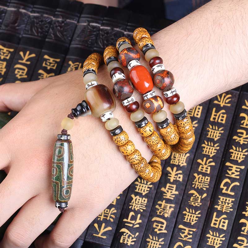 Tibetan Nine-Eye Dzi Bead Mala Bodhi Seed Wealth Peace Bracelet