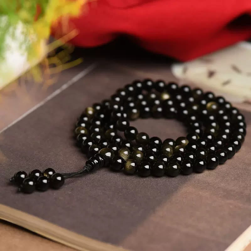 Buddha Stones 108 Mala Beads Natural Gold Sheen Obsidian Wealth Bracelet