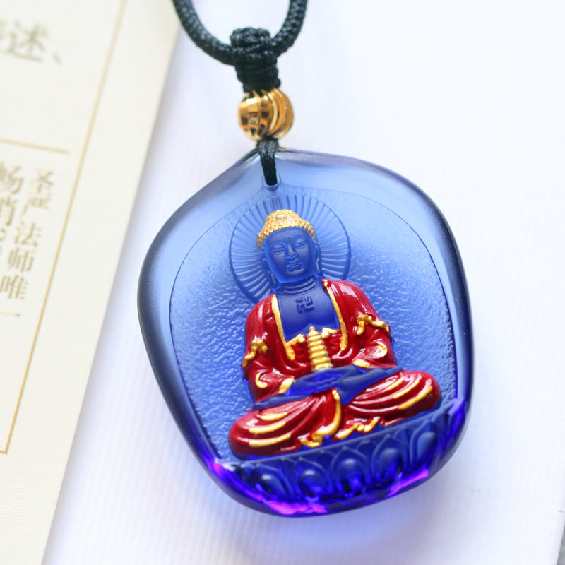 Buddha Stones Tibet Medicine Buddha Liuli Crystal Compassion Necklace Pendant