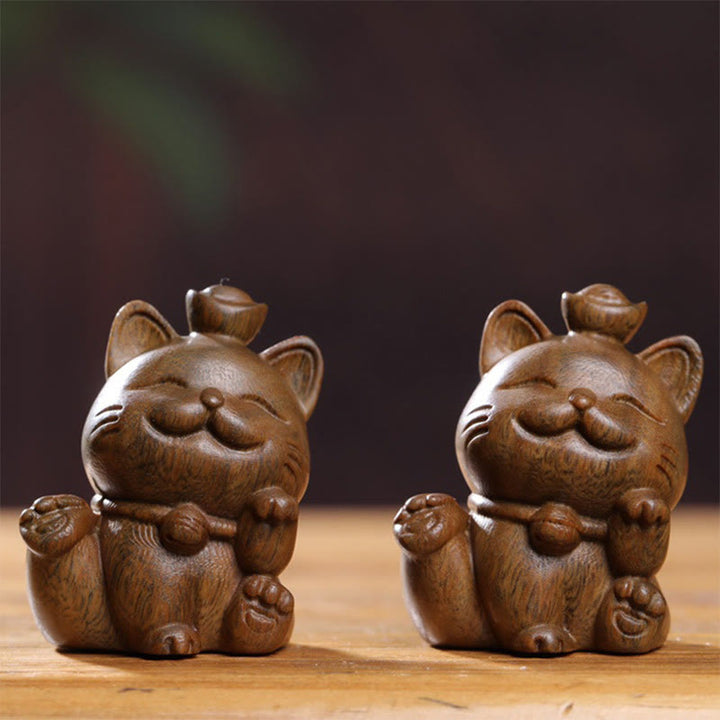 Buddha Stones Mini Green Sandalwood Ingot Lucky Cat Carved Peace Desk Decorations