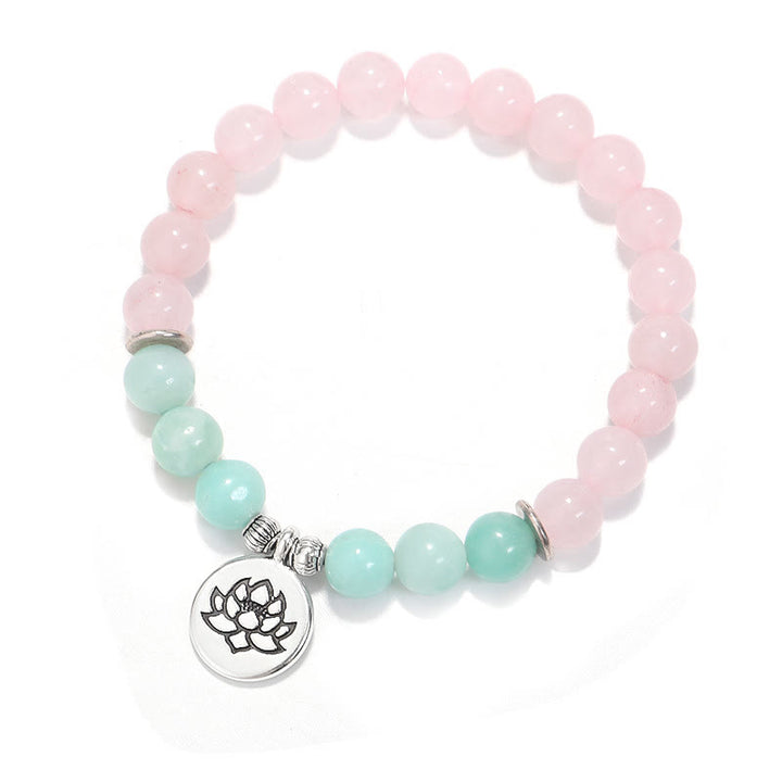 Buddha Stones Natural Pink Crystal Amazonite Lotus Buddha OM Symbol Warmth Bracelet