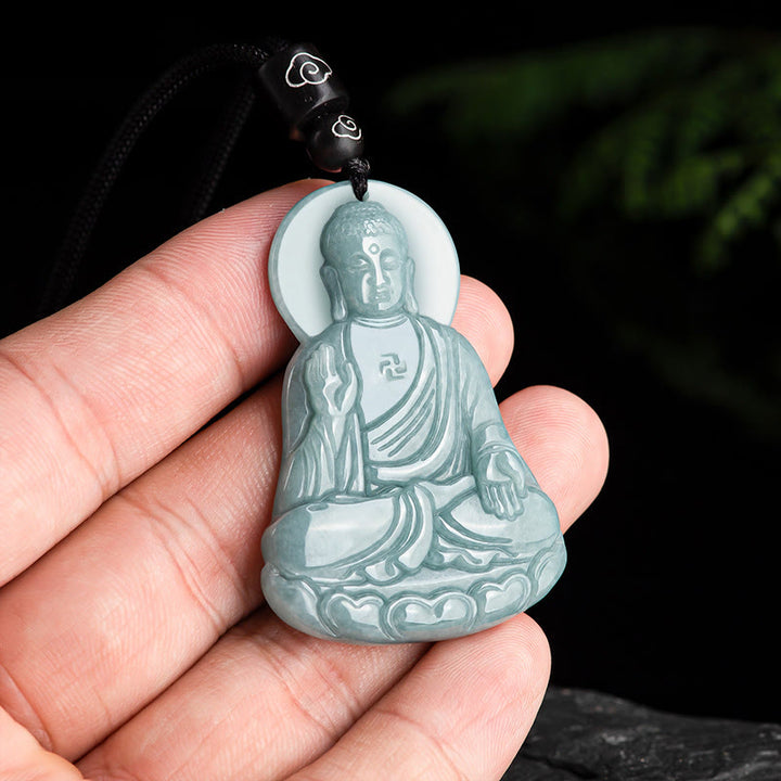 Buddha Stones Amitabha Buddha Natural Jade Lotus Amulet Compassion String Necklace Pendant