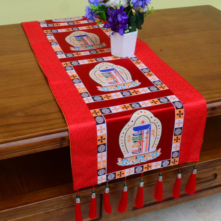 Prayer Altar Mat Man-Bcu Kalachakra Endless Knot Vajra Tibetan Auspicious Symbols Tassels Table Runner