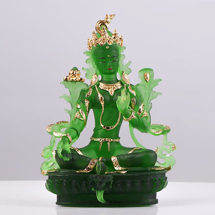 Bodhisattva Green Tara Handmade Liuli Crystal Art Piece Protection Home Office Statue Decoration