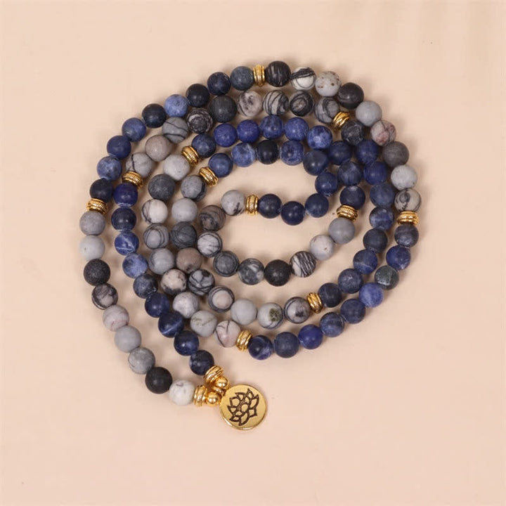 Buddha Stones 108 Mala Beads Sodalite Zebra Jasper Crystal Lotus Strength Bracelet