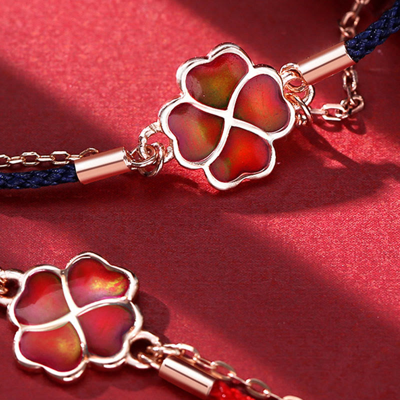 Buddha Stones 925 Sterling Silver Color-changing Four Leaf Clover Luck Protection Red String Bracelet