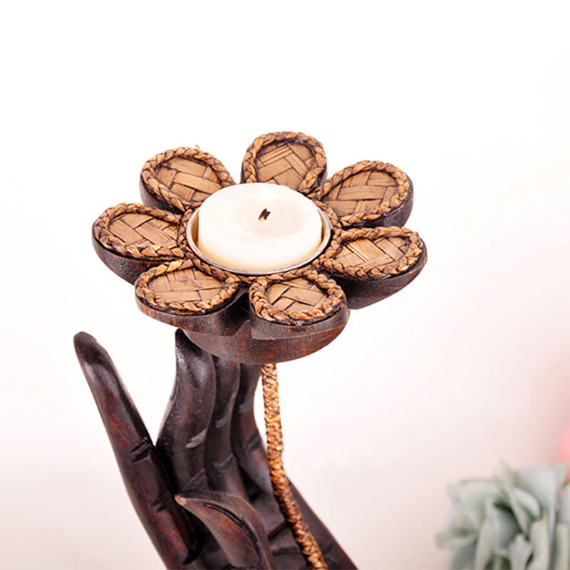 Buddha Stones Hand Pattern Wood Candlestick Home Candle Holder Decoration