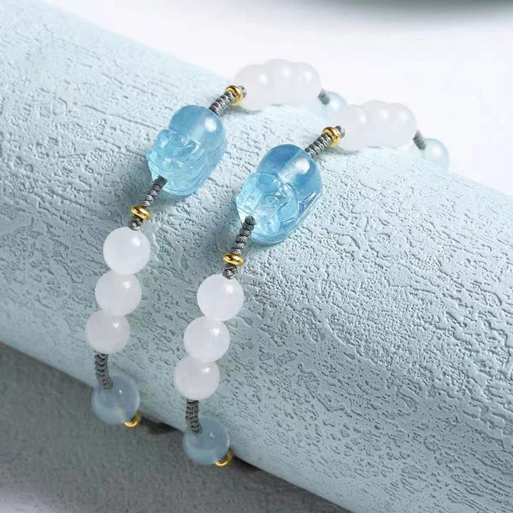 Buddha Stones Natural Aquamarine PiXiu Hetian White Jade Healing Bracelet