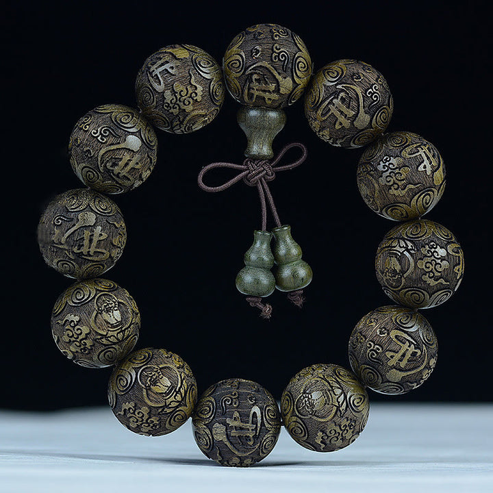 Buddha Stones Chinese Zodiac Rosewood Ebony Boxwood Copper Coin PiXiu Carved Warmth Bracelet