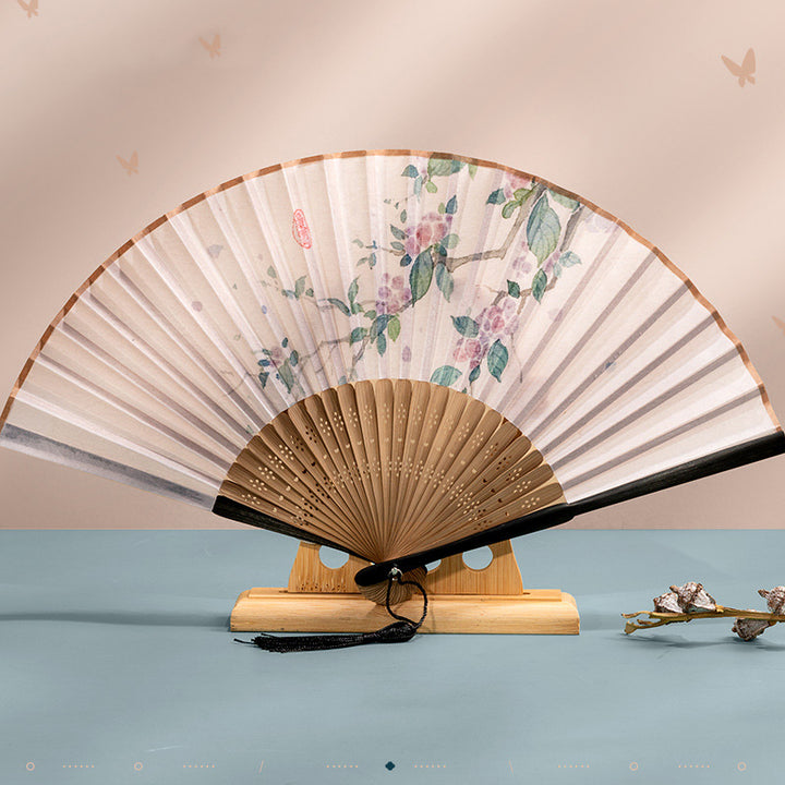 Buddha Stones Crane Peach Blossoms Persimmon Orchid Butterfly Bamboo Handheld Bamboo Folding Fan 21cm