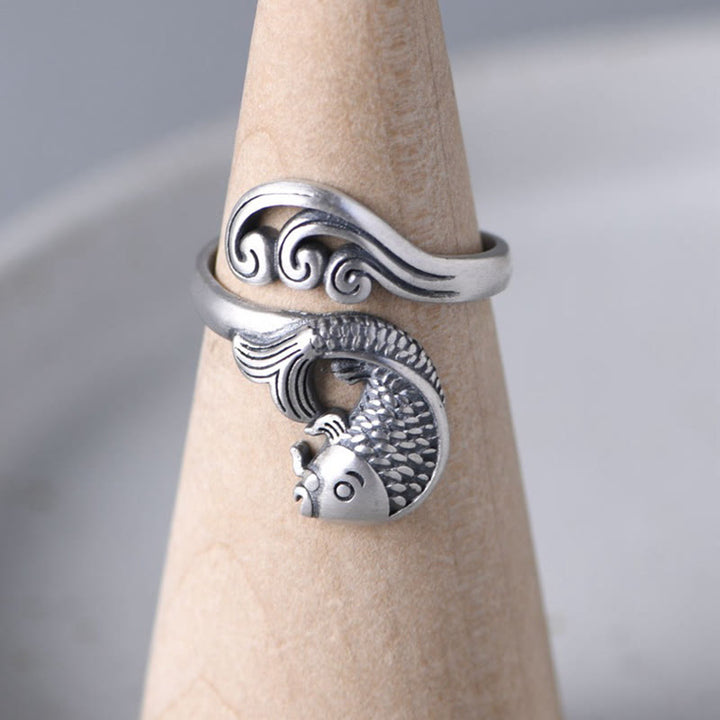 Buddha Stones 925 Sterling Silver Koi Fish Water Ripple Luck Wealth Ring