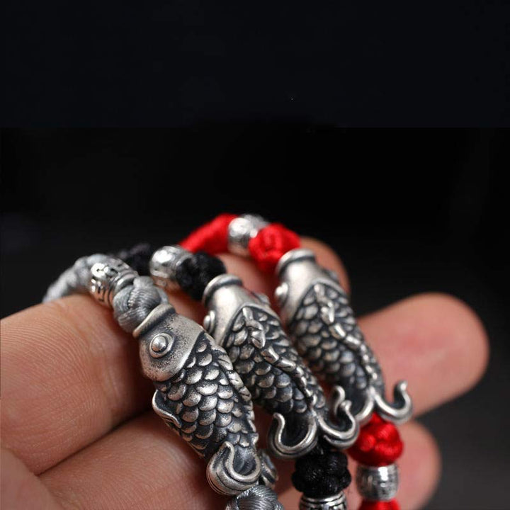 Buddha Stones Silver Luck Koi Fish Braided String Bracelet