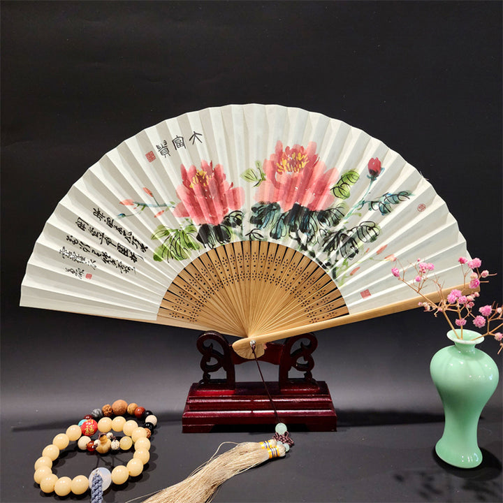 Buddha Stones A Panorama Of Rivers And Mountains Cranes Orchid Flower Paper Bamboo Handheld Silk Bamboo Folding Fan 22cm