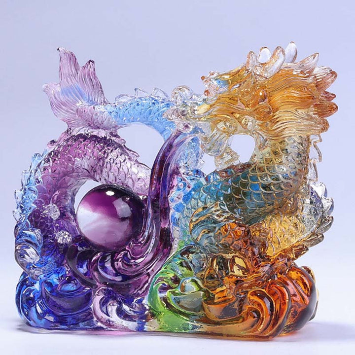 Buddha Stones Year of the Dragon Handmade Dragon Playing With Pearl Ingot Liuli Crystal Art Piece Protection Home Office Decoration