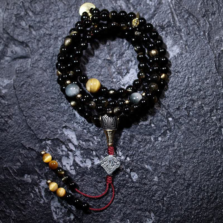 108 Mala Beads Gold Sheen Obsidian Tiger Eye Eagle's Eye Stone Wealth Bracelet