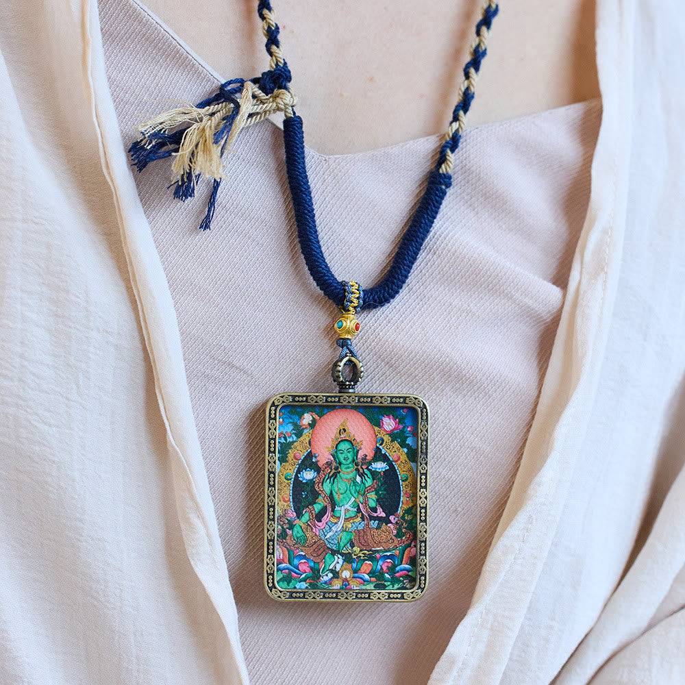 Buddha Stones Tibetan Green Tara Hand-Painted Thangka Buddha Protection Necklace Pendant